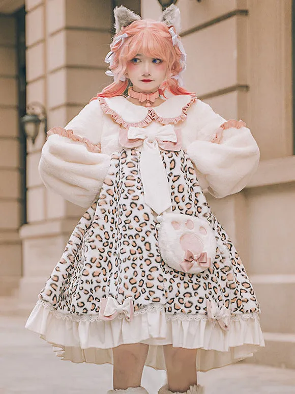 Sweet Lolita Dress Polyester Long Sleeves Bows Ruffles Polyester Pink Lolita Dress
