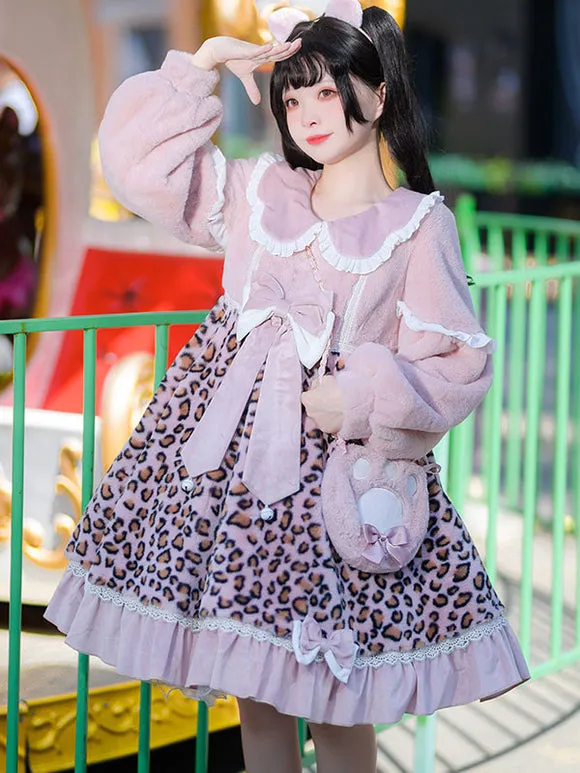 Sweet Lolita Dress Polyester Long Sleeves Bows Ruffles Polyester Pink Lolita Dress