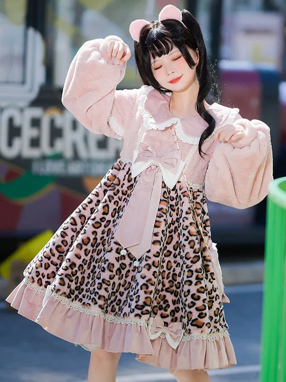 Sweet Lolita Dress Polyester Long Sleeves Bows Ruffles Polyester Pink Lolita Dress