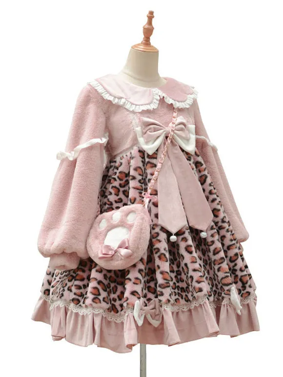 Sweet Lolita Dress Polyester Long Sleeves Bows Ruffles Polyester Pink Lolita Dress