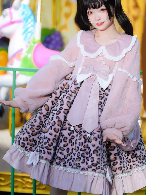 Sweet Lolita Dress Polyester Long Sleeves Bows Ruffles Polyester Pink Lolita Dress