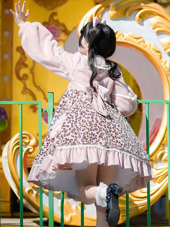 Sweet Lolita Dress Polyester Long Sleeves Bows Ruffles Polyester Pink Lolita Dress
