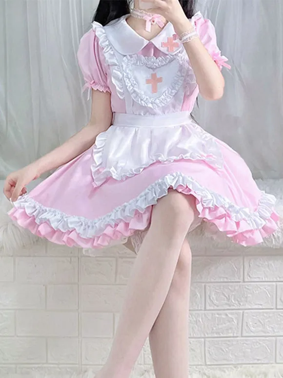 Sweet Lolita Dress Polyester Short Sleeves Ruffles Sweet Christmas Lolita Dress
