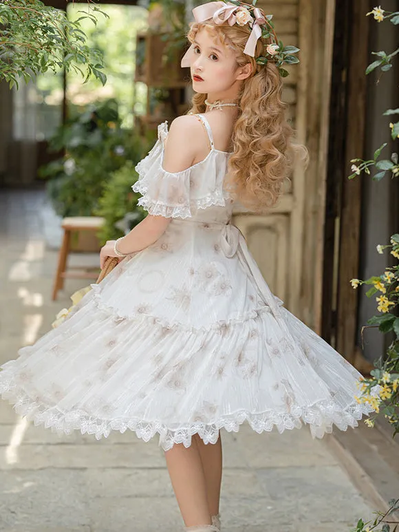 Sweet Lolita Dress White Floral Polyester Sleeveless Sweet Jumper Off-Shoulder Lolita Dress