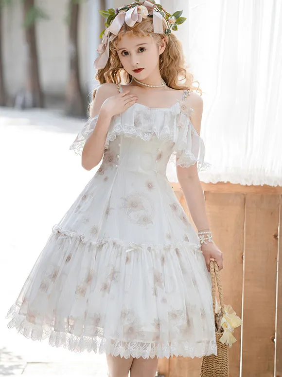 Sweet Lolita Dress White Floral Polyester Sleeveless Sweet Jumper Off-Shoulder Lolita Dress