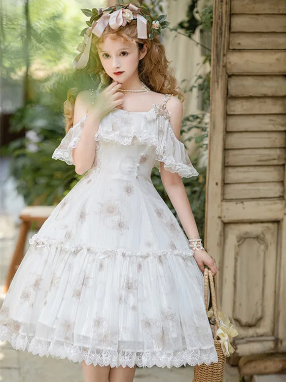Sweet Lolita Dress White Floral Polyester Sleeveless Sweet Jumper Off-Shoulder Lolita Dress
