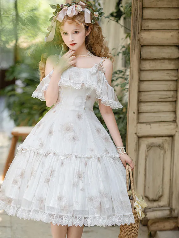 Sweet Lolita Dress White Floral Polyester Sleeveless Sweet Jumper Off-Shoulder Lolita Dress