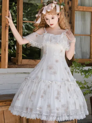 Sweet Lolita Dress White Floral Polyester Sleeveless Sweet Jumper Off-Shoulder Lolita Dress