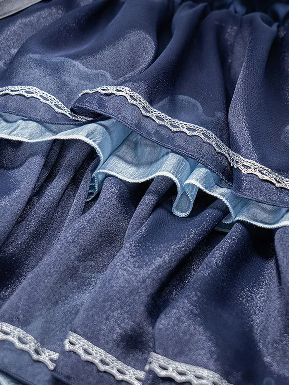 Sweet Lolita JSK Dress 2-Piece Set Blue Navy Two Tone Pattern Ruffles Jumper Skirt Overcoat Idol Lolita Dress