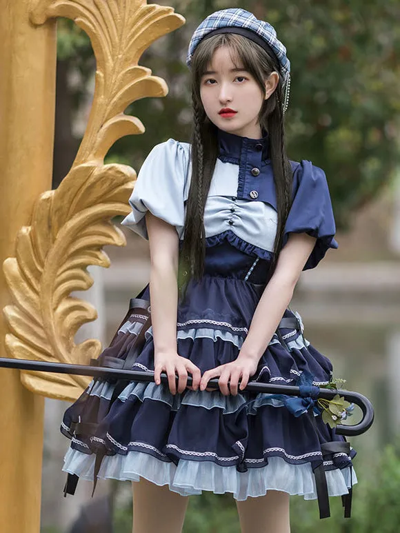 Sweet Lolita JSK Dress 2-Piece Set Blue Navy Two Tone Pattern Ruffles Jumper Skirt Overcoat Idol Lolita Dress