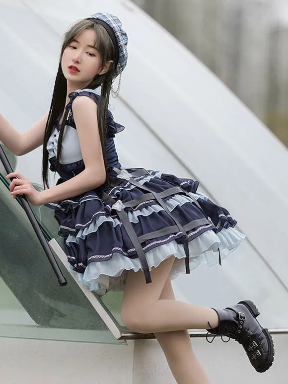 Sweet Lolita JSK Dress 2-Piece Set Blue Navy Two Tone Pattern Ruffles Jumper Skirt Overcoat Idol Lolita Dress