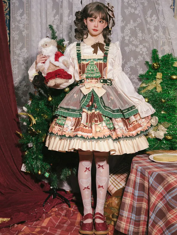 Sweet Lolita JSK Dress 4-Piece Set Polyester Sleeveless Christmas Lolita Jumper Skirt Outfit