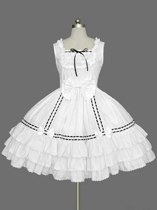 Sweet Lolita JSK Dress Lace Up Bow Ruffle Cotton Black Lolita Jumper Skirt