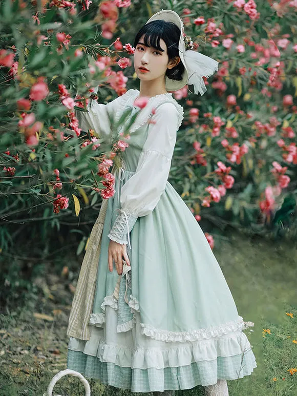 Sweet Lolita OP Dress Green Polyester Long Sleeve Bowknot Ruffle Lolita One Piece Dresses