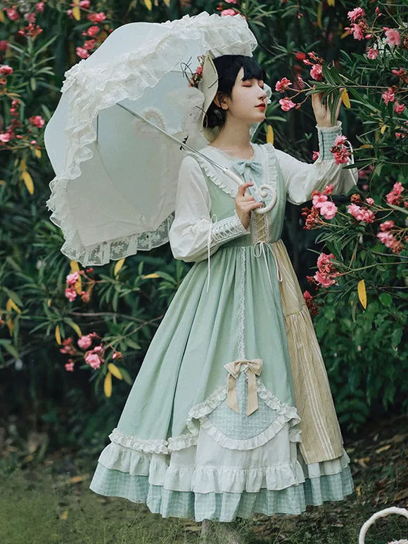 Sweet Lolita OP Dress Green Polyester Long Sleeve Bowknot Ruffle Lolita One Piece Dresses