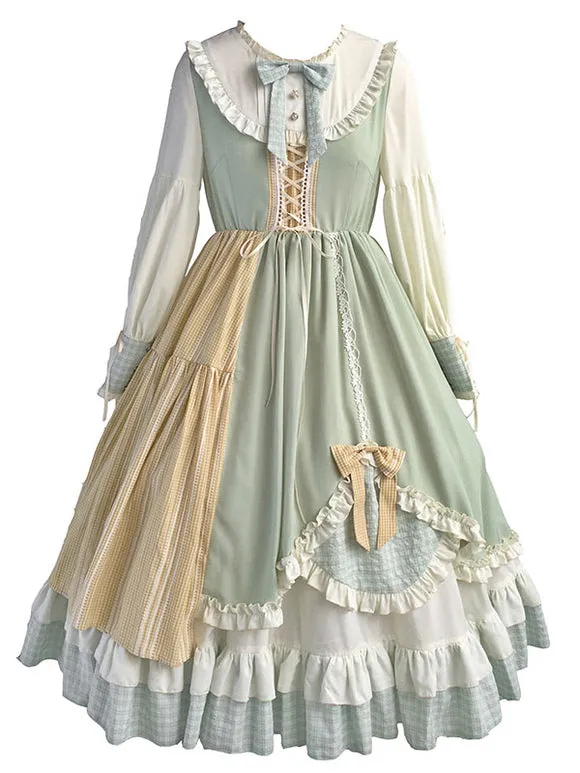 Sweet Lolita OP Dress Green Polyester Long Sleeve Bowknot Ruffle Lolita One Piece Dresses