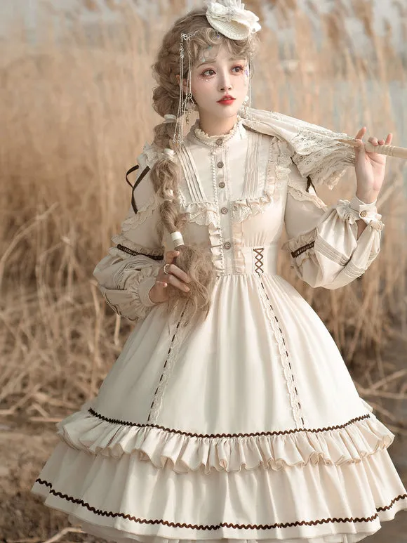 Sweet Lolita OP Dress Light Apricot Polyester Long Sleeves Cascading Ruffles Lace Up Criss-Cross Lolita One Piece Dress