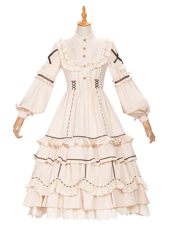 Sweet Lolita OP Dress Light Apricot Polyester Long Sleeves Cascading Ruffles Lace Up Criss-Cross Lolita One Piece Dress