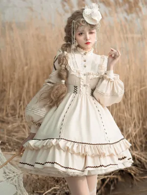 Sweet Lolita OP Dress Light Apricot Polyester Long Sleeves Cascading Ruffles Lace Up Criss-Cross Lolita One Piece Dress