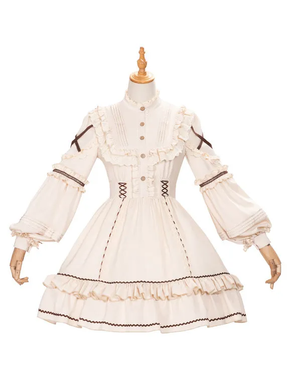 Sweet Lolita OP Dress Light Apricot Polyester Long Sleeves Cascading Ruffles Lace Up Criss-Cross Lolita One Piece Dress