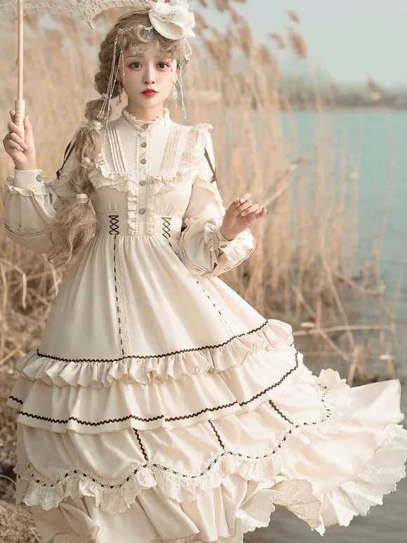 Sweet Lolita OP Dress Light Apricot Polyester Long Sleeves Cascading Ruffles Lace Up Criss-Cross Lolita One Piece Dress
