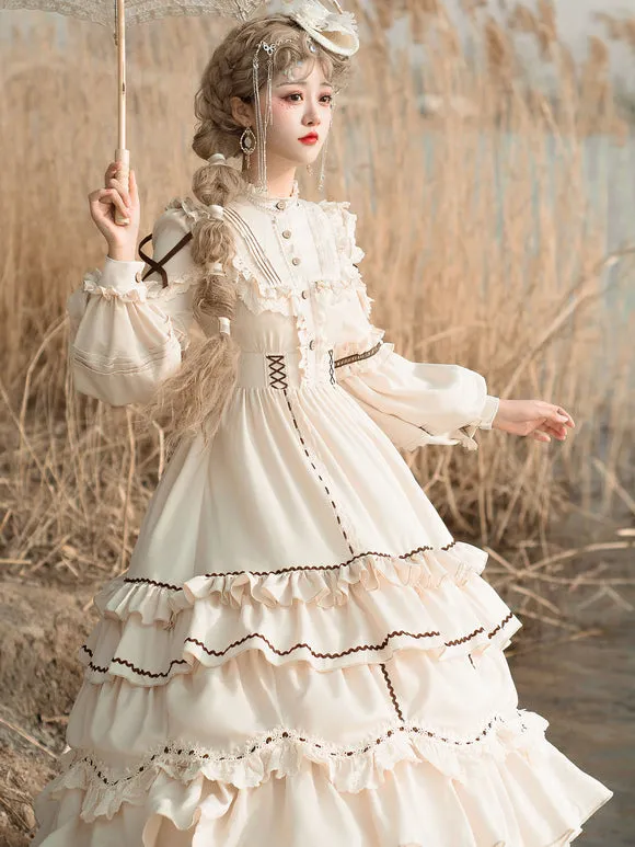 Sweet Lolita OP Dress Light Apricot Polyester Long Sleeves Cascading Ruffles Lace Up Criss-Cross Lolita One Piece Dress