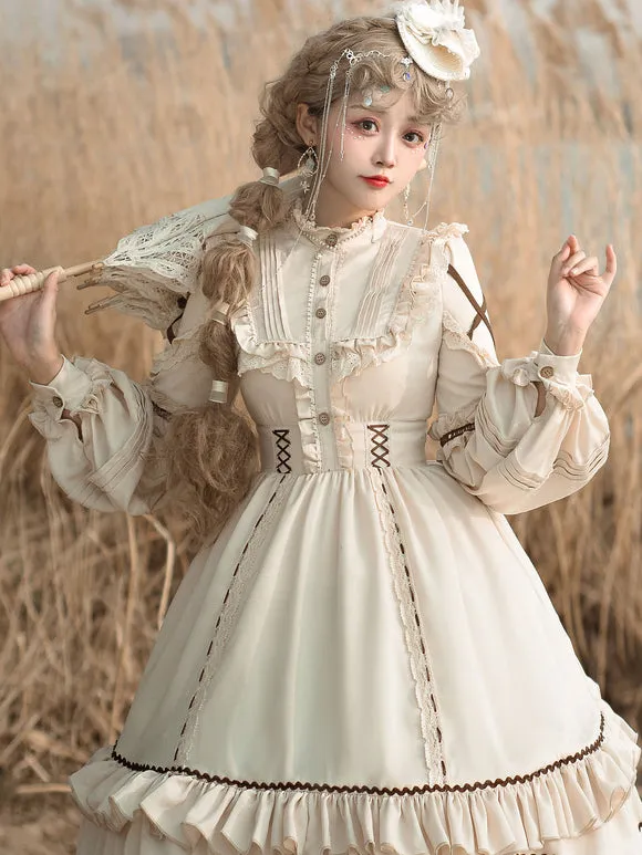 Sweet Lolita OP Dress Light Apricot Polyester Long Sleeves Cascading Ruffles Lace Up Criss-Cross Lolita One Piece Dress