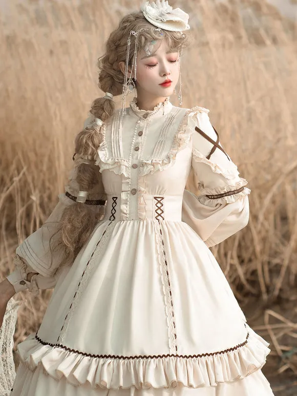 Sweet Lolita OP Dress Light Apricot Polyester Long Sleeves Cascading Ruffles Lace Up Criss-Cross Lolita One Piece Dress