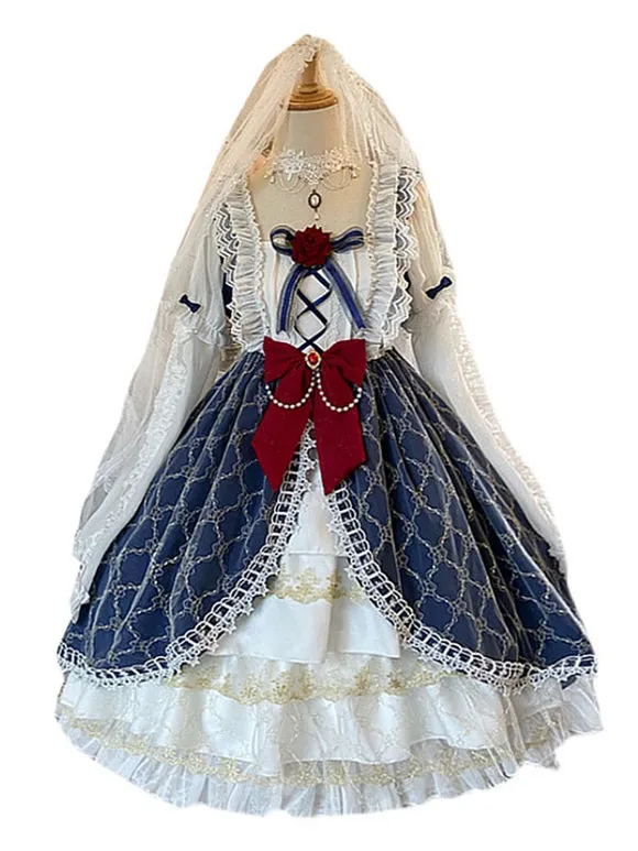 Sweet Lolita OP Dress Polyester Long Sleeves Dress Bow Two-Tone Lace Plaid Pattern Lolita One Piece Dress