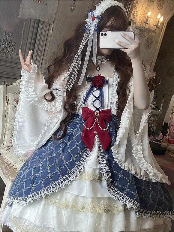 Sweet Lolita OP Dress Polyester Long Sleeves Dress Bow Two-Tone Lace Plaid Pattern Lolita One Piece Dress
