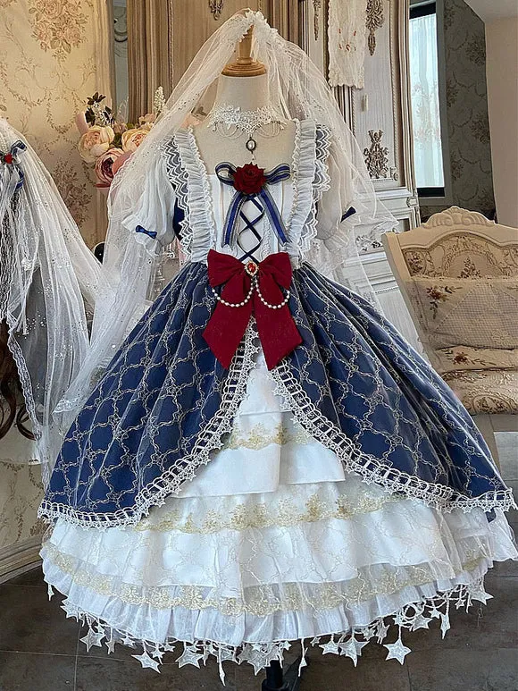 Sweet Lolita OP Dress Polyester Long Sleeves Dress Bow Two-Tone Lace Plaid Pattern Lolita One Piece Dress