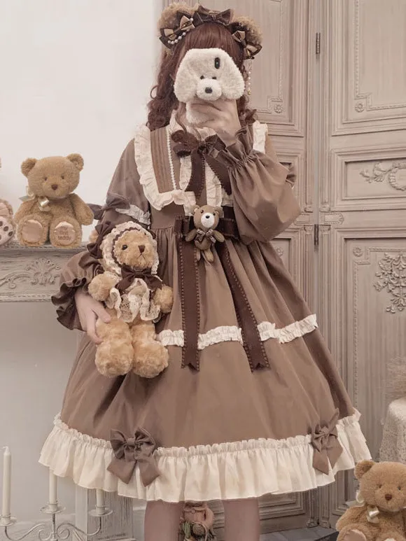 Sweet Lolita OP Dress Polyester Long Sleeves Ruffles Bows Brown Lolita One Piece Dress