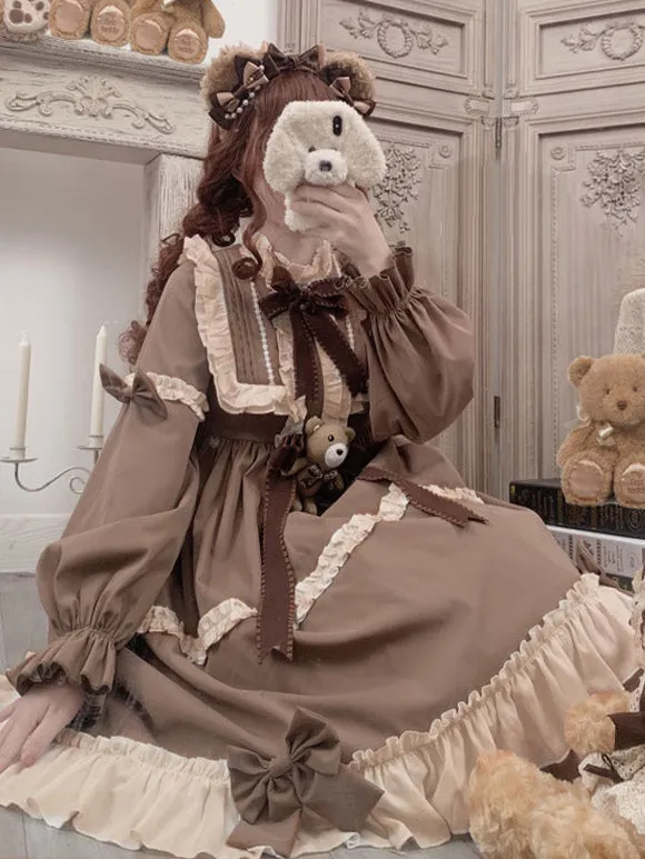 Sweet Lolita OP Dress Polyester Long Sleeves Ruffles Bows Brown Lolita One Piece Dress