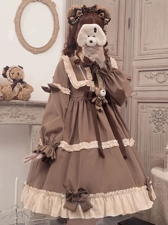 Sweet Lolita OP Dress Polyester Long Sleeves Ruffles Bows Brown Lolita One Piece Dress
