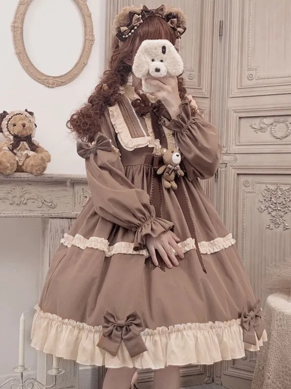Sweet Lolita OP Dress Polyester Long Sleeves Ruffles Bows Brown Lolita One Piece Dress