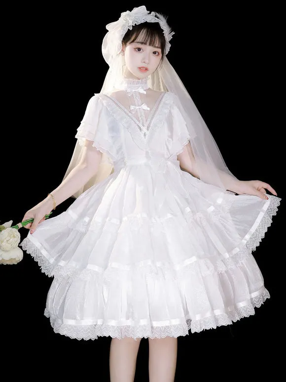 Sweet Lolita OP Dress Polyester Short Sleeves Ruffles Bows Lace White Lolita One Piece Dress