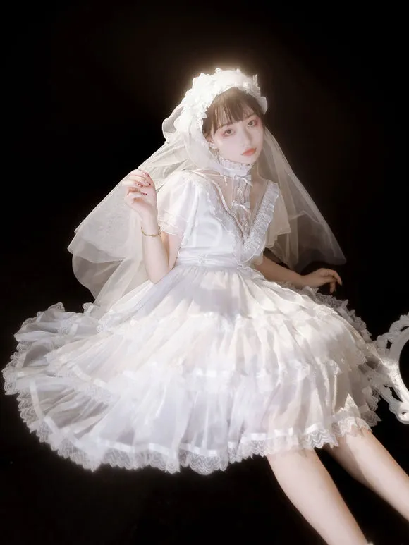 Sweet Lolita OP Dress Polyester Short Sleeves Ruffles Bows Lace White Lolita One Piece Dress
