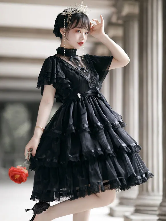 Sweet Lolita OP Dress Polyester Short Sleeves Ruffles Bows Lace White Lolita One Piece Dress