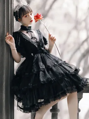 Sweet Lolita OP Dress Polyester Short Sleeves Ruffles Bows Lace White Lolita One Piece Dress