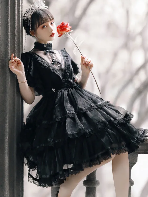 Sweet Lolita OP Dress Polyester Short Sleeves Ruffles Bows Lace White Lolita One Piece Dress