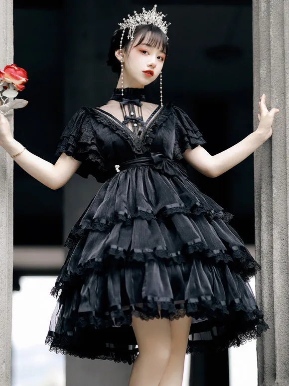 Sweet Lolita OP Dress Polyester Short Sleeves Ruffles Bows Lace White Lolita One Piece Dress