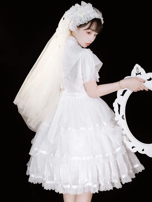 Sweet Lolita OP Dress Polyester Short Sleeves Ruffles Bows Lace White Lolita One Piece Dress