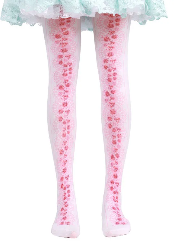 Sweet Lolita Socks Pink Floral Printed Lolita Stocking