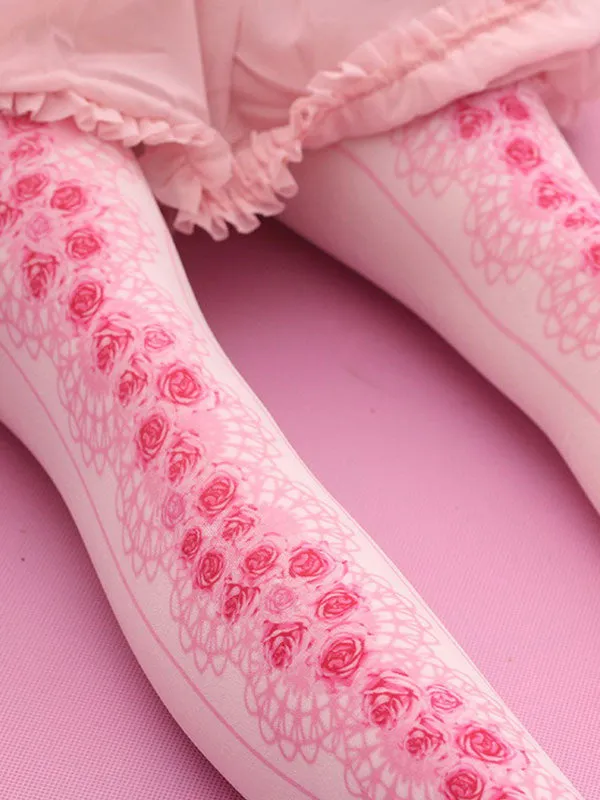 Sweet Lolita Socks Pink Floral Printed Lolita Stocking