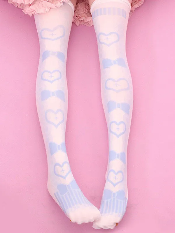 Sweet Lolita Stockings Light Pink Velvet Heart Bow Printed Lolita Socks