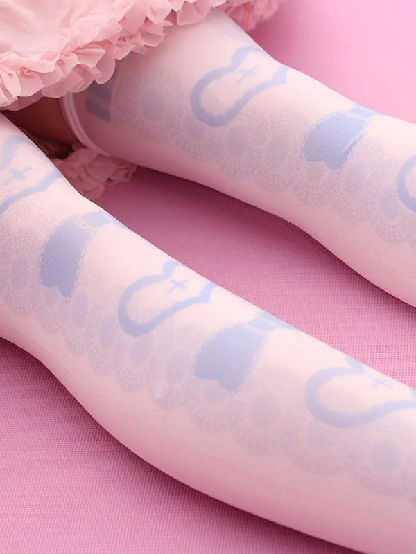 Sweet Lolita Stockings Light Pink Velvet Heart Bow Printed Lolita Socks