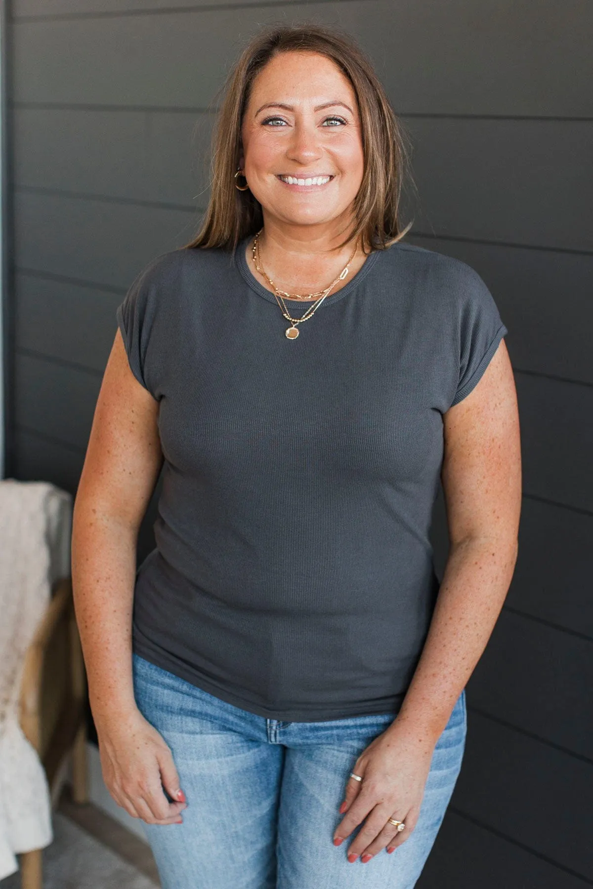 Sweet Surprise Ribbed Top- Charcoal