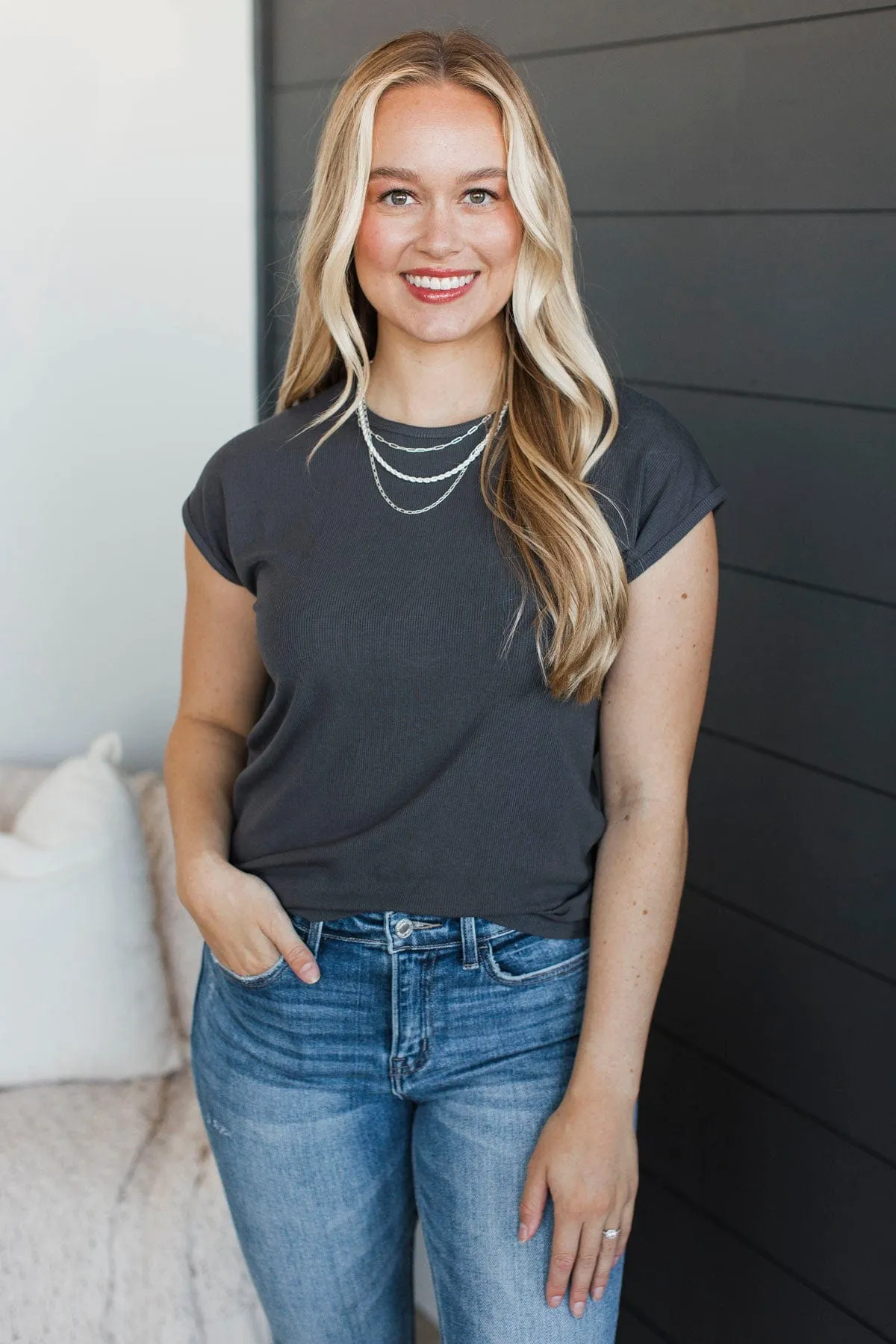 Sweet Surprise Ribbed Top- Charcoal