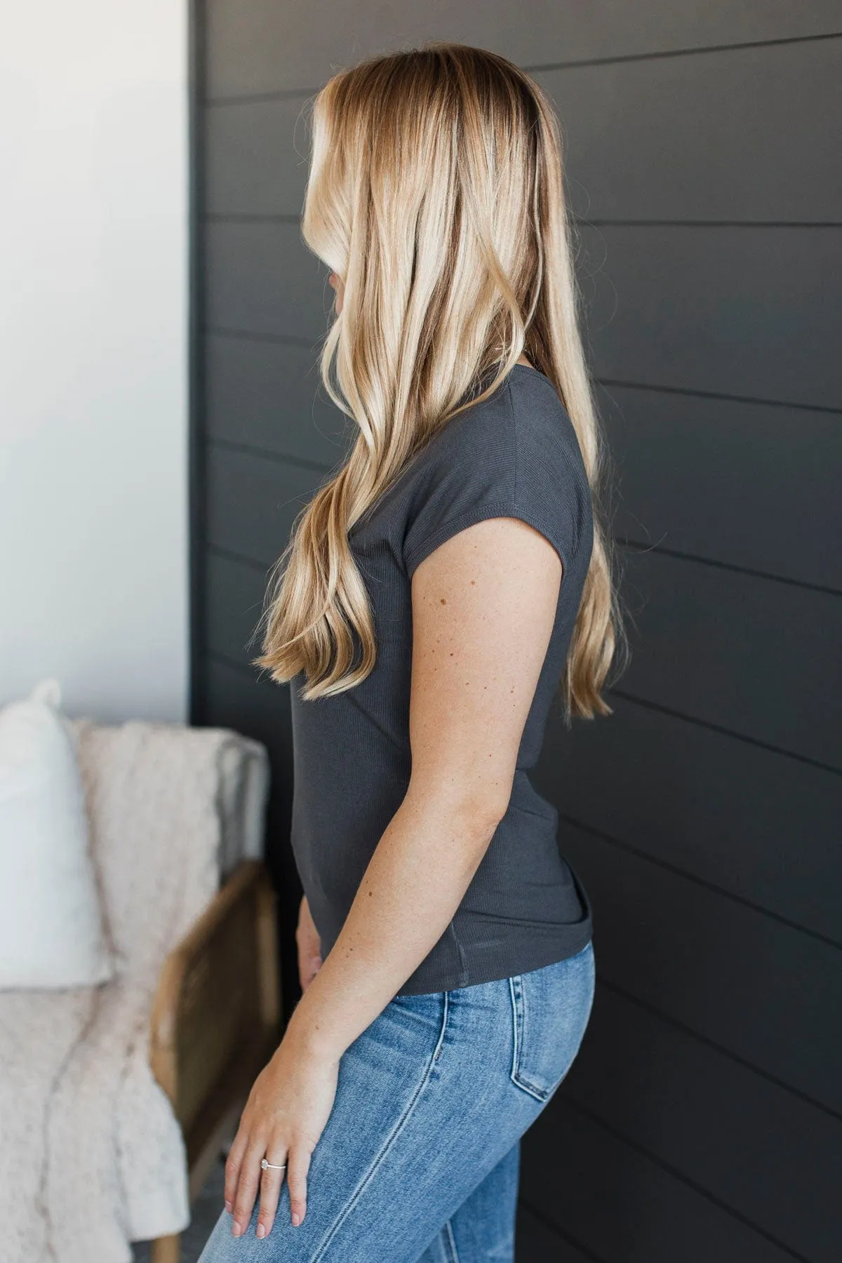 Sweet Surprise Ribbed Top- Charcoal