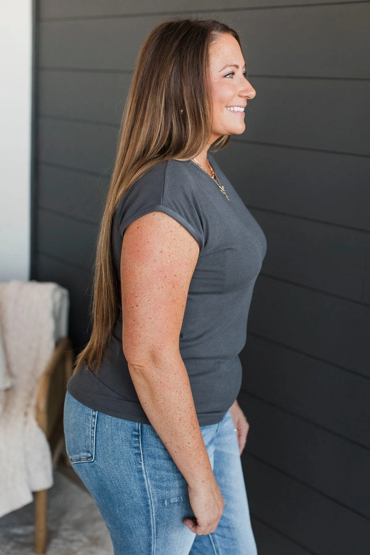 Sweet Surprise Ribbed Top- Charcoal
